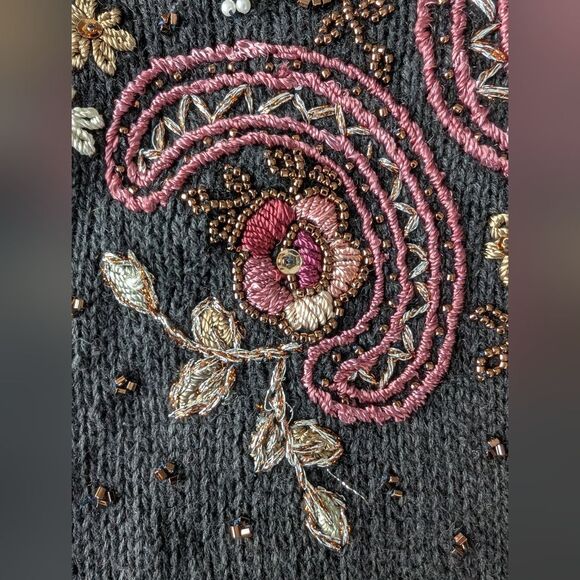 Black Embroidered Beaded Embellished Sweater Ramie Cotton L - Picture 11 of 13